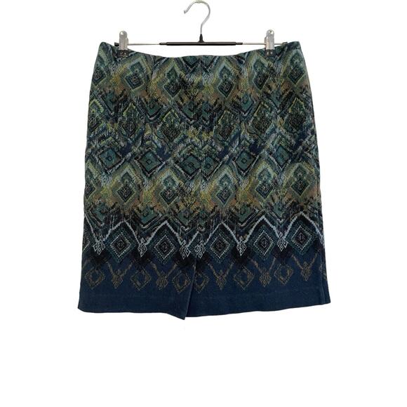 J. Jill Pencil Straight Skirt Size Medium Pullon Tribal Stretch Blue Green Work - Picture 2 of 8